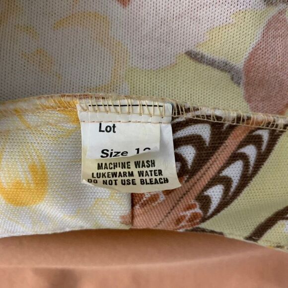 Vintage 80s Accordian Pleated Peplum Dress M Yellow Birds V Neck Tie - Picture 8 of 8